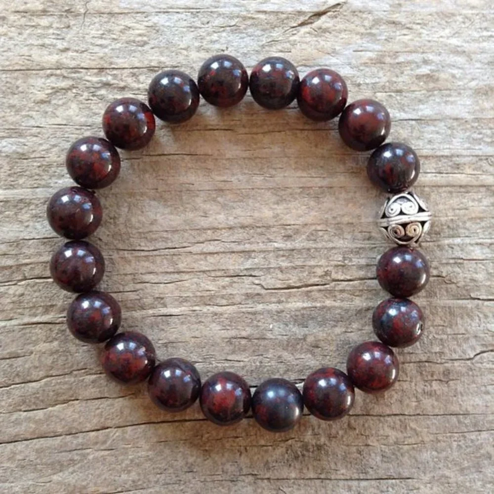 Men's Burgundy Jasper Gemstone Stretch Bracelet Sterling Silver Bead 10mm Beads